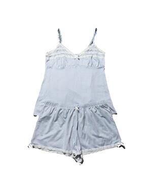 Laura Ashley Pajama Set Women's Cami Top and Shorts Blue White Stripe Lace Small